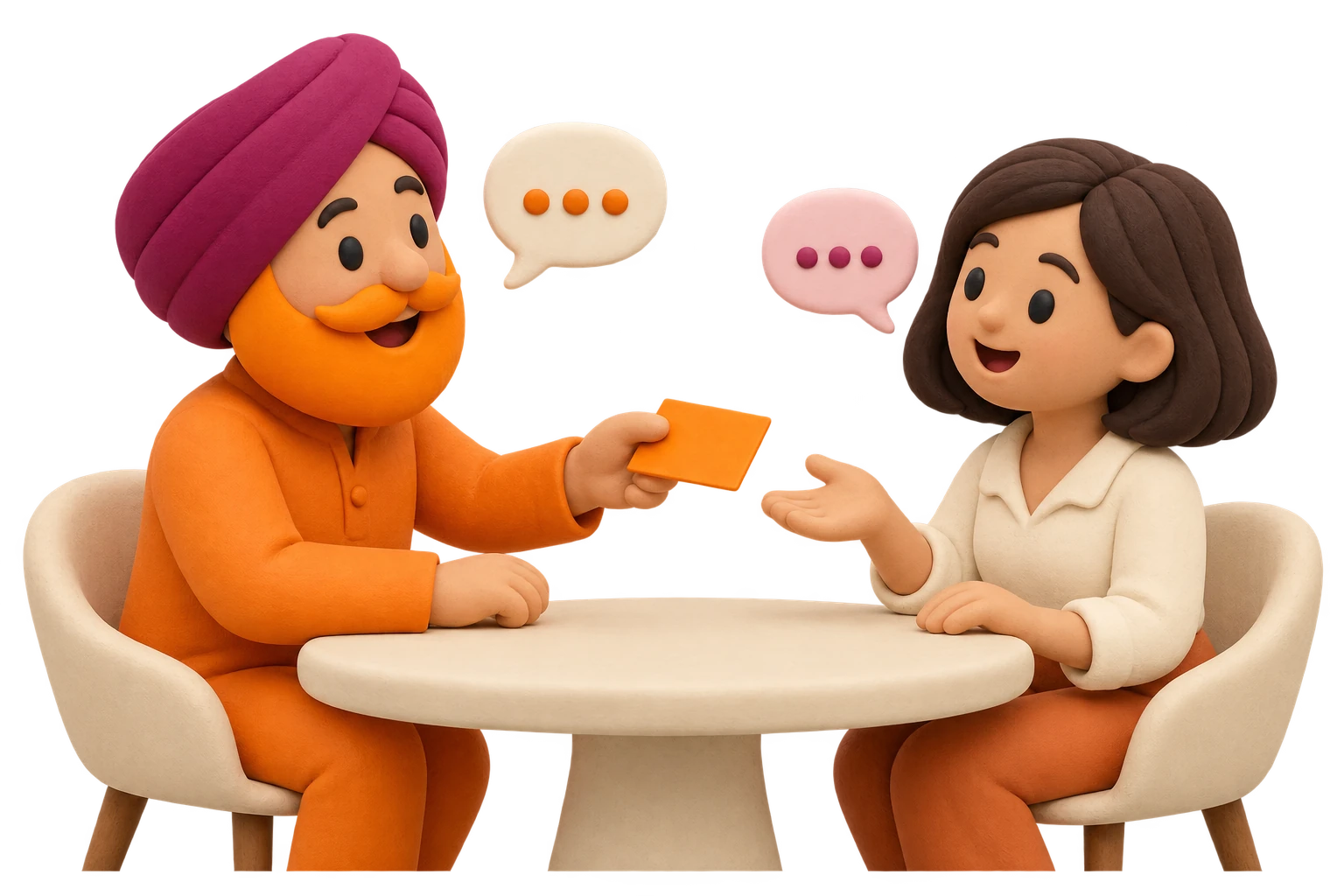Der DialogGuru mit orangefarbenem Bart spricht mit einer Kundin am Tisch