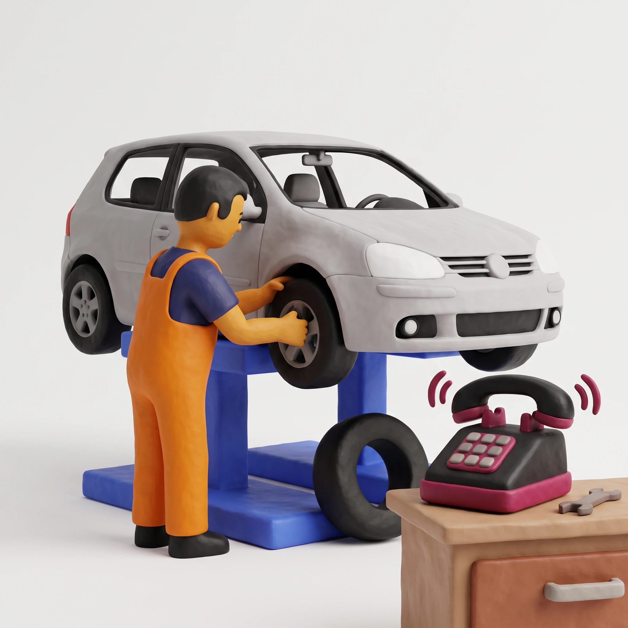 Ein Mechaniker arbeitet am Fahrzeug, während das Telefon auf der Werkbank klingelt.